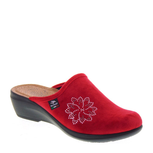 FLY FLOT Q7P80PE Pantofole Casa Camera Donna Panno Rosso Tacco Zeppa 4Cm Suola Gomma