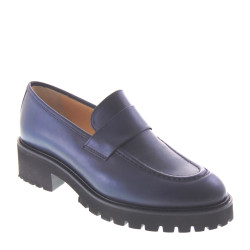 Le Briella Z799A Mocassini Casual Donna Pelle Blu Tacco Grosso 5Cm Suola Extralight Lavorazione Sacchetto