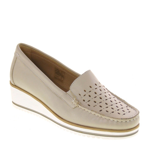 LUXURY NICLA0123 Mocassini Classici Donna Pelle Beige Tacco Zeppa 5Cm Suola Gomma