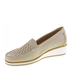 LUXURY NICLA0123 Mocassini Classici Donna Pelle Beige Tacco Zeppa 5Cm Suola Gomma