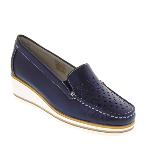 LUXURY NICLA0123 Mocassini Classici Donna Pelle Blu Tacco Zeppa 5Cm Suola Gomma