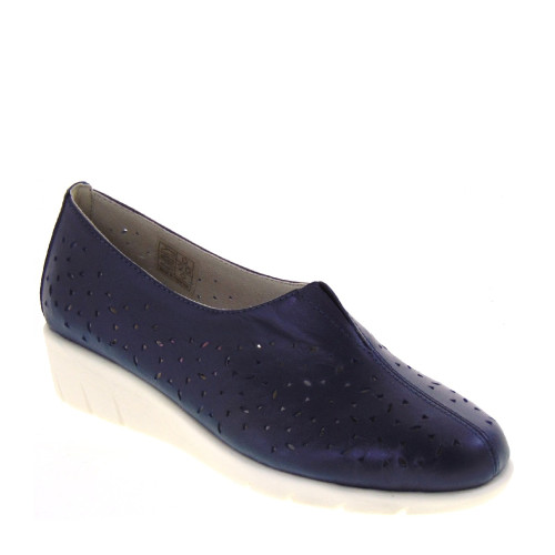 LUXURY PAOLA0123 Mocassini Classici Donna Pelle Blu Tacco Zeppa 3Cm Suola Gomma