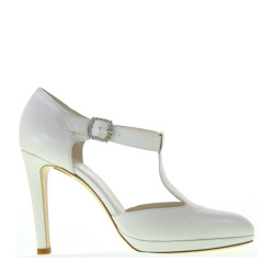 ELATA S2617 - Scarpe da Sposa in Pelle Bianco Seta, Tacco 10 plateau 1, con cinturino alla caviglia