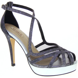 MENBUR 06898 0092 Plomo Pewter Sandali Eleganti cerimonia Donna Ragazza Tessuto luminoso Piombo Tacco alto con Plateau