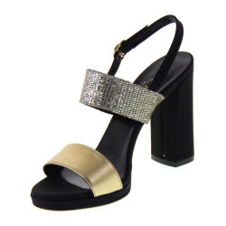 ELATA 19114 Sandali eleganti Plisse Nero Nappa Oro Made in Italy tacco largo con plateau