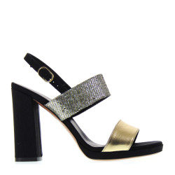 ELATA 19114 Sandali eleganti Plisse Nero Nappa Oro Made in Italy tacco largo con plateau