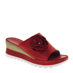 Riposella 16803 Ciabatte Sandali Donna Pelle Rosso Tacco A Zeppa 6Cm Applicazioni