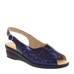 STILEDIVITA 4938 Sandali Confort Donna Pelle Laminata Blu Tacco Zeppa 5Cm Suola Gomma