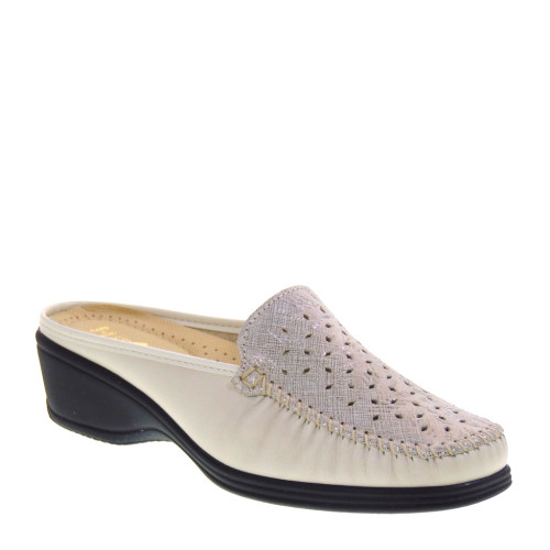 STILEDIVITA 7061 Sabot Casual Donna Pelle Beige Tacco Zeppa 4Cm Suola Gomma