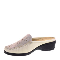 STILEDIVITA 7061 Sabot Casual Donna Pelle Beige Tacco Zeppa 4Cm Suola Gomma