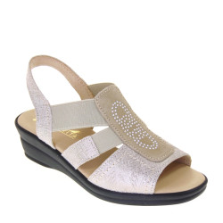 STILEDIVITA 8380 Sandali Confort Donna Pelle Laminata Beige Tacco Zeppa 5Cm Suola Gomma