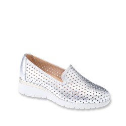 STILEDIVITA 9069 Mocassini Casual Donna Pelle Argento Tacco Zeppa 4Cm Suola Gomma