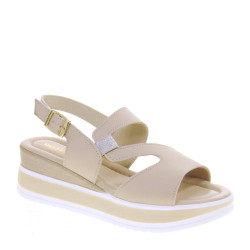 VALLEVERDE 32110 Sandali Sportivi Donna Pelle Beige Tacco Zeppa 4Cm Suola Gomma