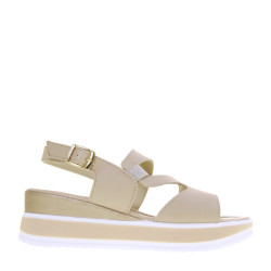 VALLEVERDE 32110 Sandali Sportivi Donna Pelle Beige Tacco Zeppa 4Cm Suola Gomma