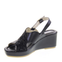 VALLEVERDE 32161 Sandali Confort Donna Pelle Nero Tacco Zeppa 6Cm Suola Gomma