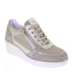 VALLEVERDE 36440 Sneaker Casual Donna Camoscio Tela Beige Tacco Zeppa 6Cm Suola Gomma