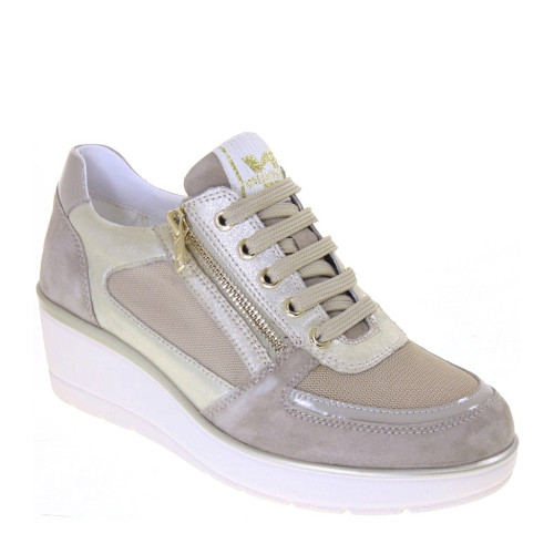 VALLEVERDE 36440 Sneaker Casual Donna Camoscio Tela Beige Tacco Zeppa 6Cm Suola Gomma