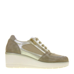 VALLEVERDE 36440 Sneaker Casual Donna Camoscio Tela Beige Tacco Zeppa 6Cm Suola Gomma